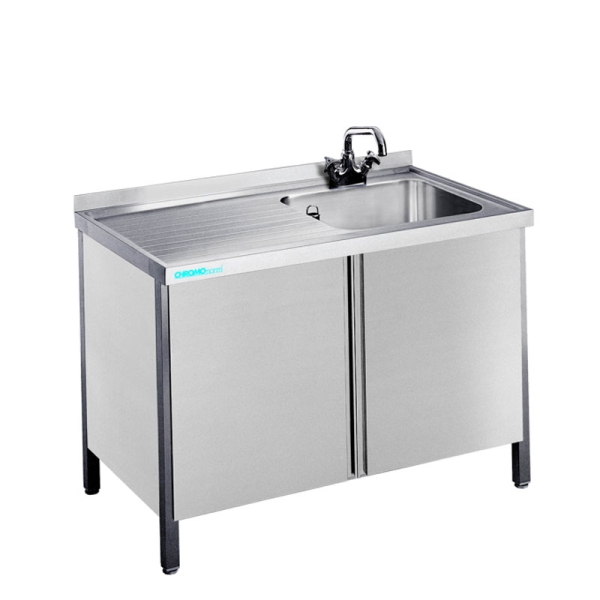 CHROMOnorm Spültisch m. 1 Becken rechts, mit Flügeltüren
