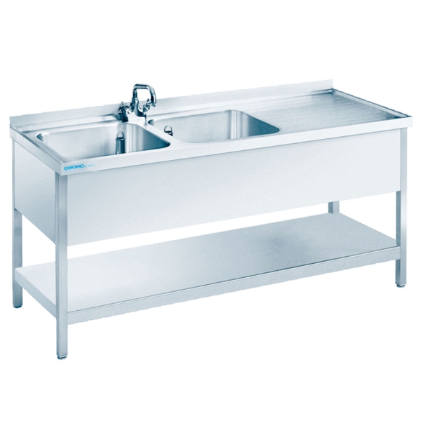 CHROMOnorm Spültisch m. 2 Becken links, mit Bodenablage