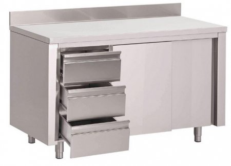 Edelstahl Arbeitsschrank 1200 x 700 mm mit 3 Schubladen und Schiebetüren
