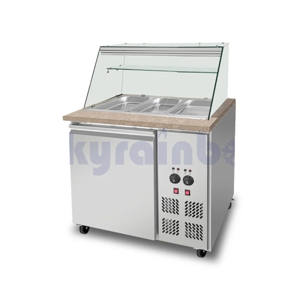 SNACK-Line Bain-Marie Theke 2xGN1/1, Granit rosa-grau, 88x82x85,5 Glasaufbau Klarglas, Zwischenablage Skyrainbow THBM88GR_FG