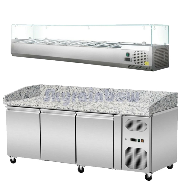 Pizza Kühltisch, Granit rosa-grau, 3 Türen, 203 x 80 Kühlaufsatz GN1/3 mit Glas Skyrainbow THPZ3600_THV2000/380