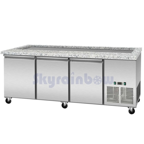 SNACK-Line, Kalte Theke, 5x GN1/1, Granit rosa-grau, 188x82x85.5 Klarglas, Zwischenablage Skyrainbow