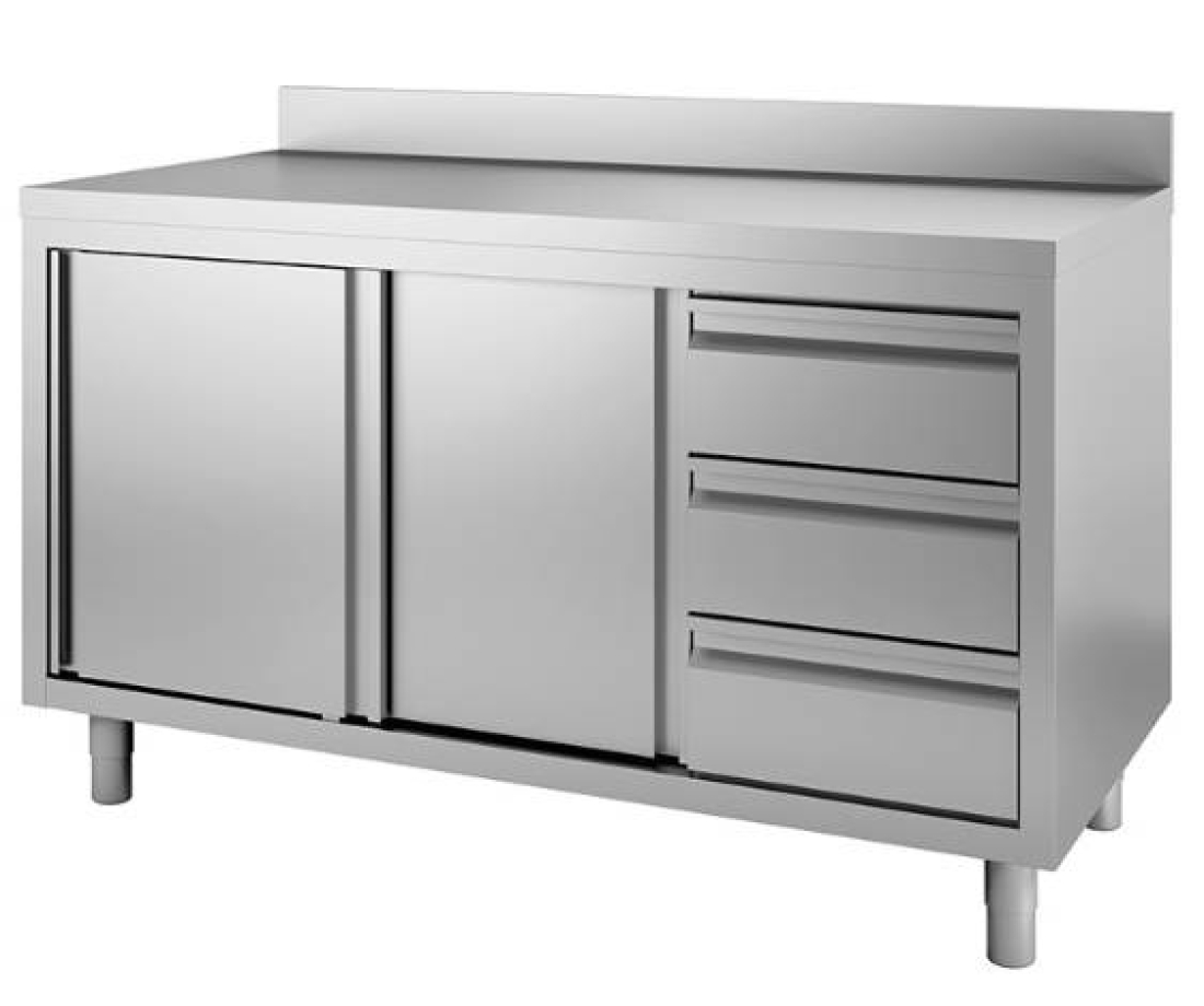 Arbeitsschrank T=700 mm mit Drehtüren + Schubladen Edelstahl