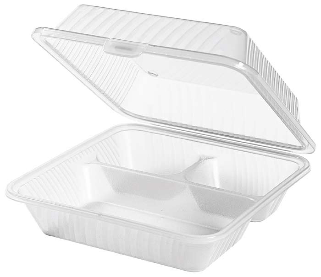 Eco-Takeouts Mehrweg-Menüschale dreigeteilt, hoher Deckel, 23 x 23 x 9 cm, weiß