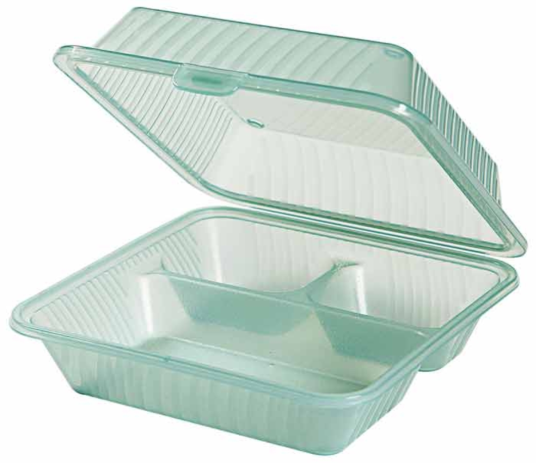Eco-Takeouts Mehrweg-Menüschale dreigeteilt, hoher Deckel, 23 x 23 x 9 cm, grün
