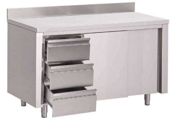 Edelstahl Arbeitsschrank 1200 x 700 mm mit 3 Schubladen und Schiebetüren