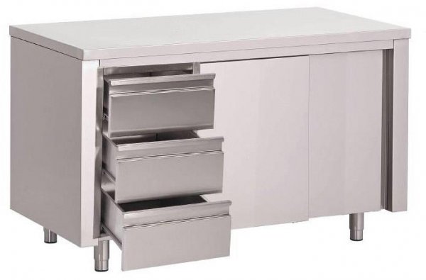 Edelstahl Arbeitsschrank 1400 x 700 mm mit 3 Schubladen und Schiebetüren