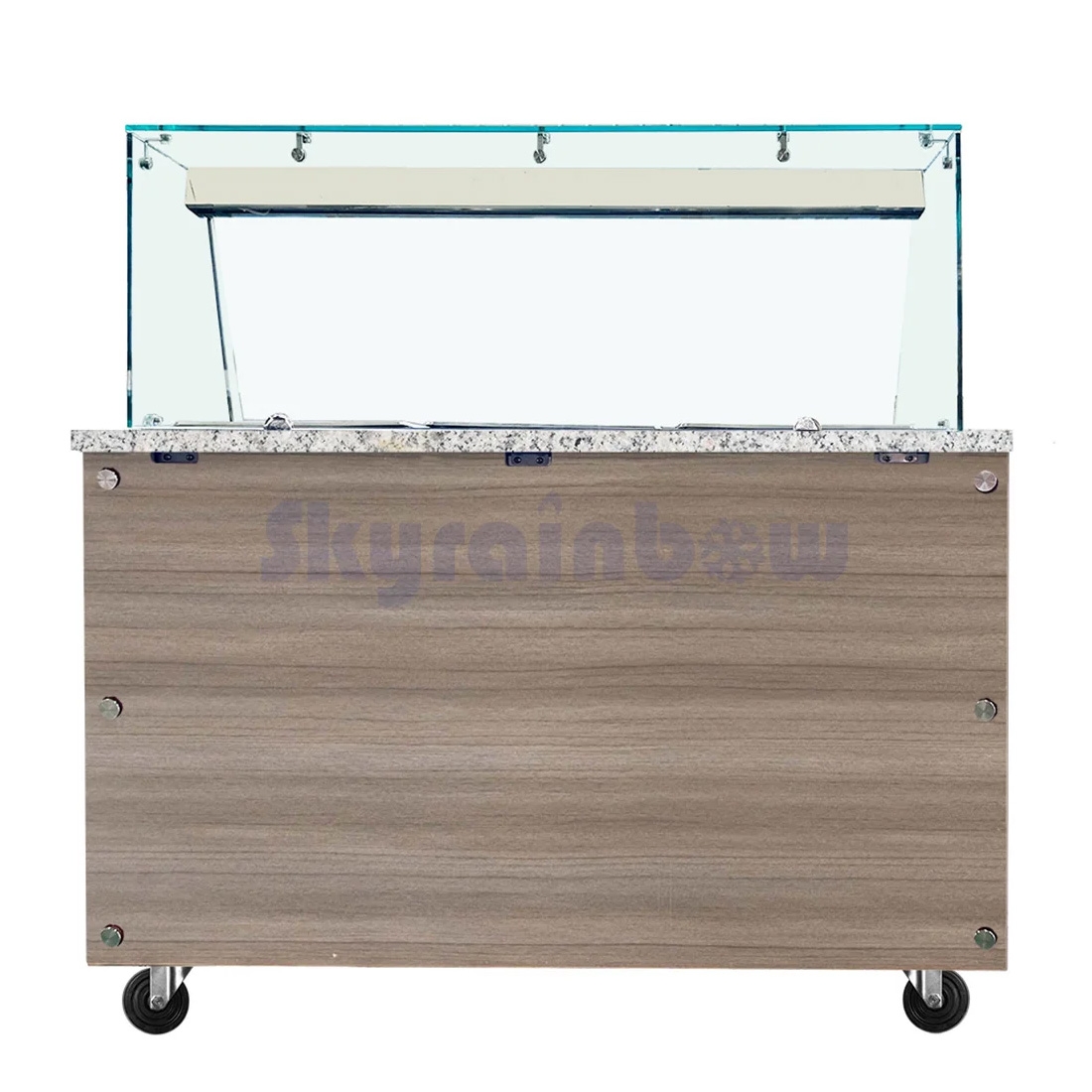 SNACK-Line Bain-Marie Theke 3x GN1/1, Granit rosa-grau, 123x82x85,5 Glasaufbau Klarglas, Zwischenablage Skyrainbow THBM128GR_FG