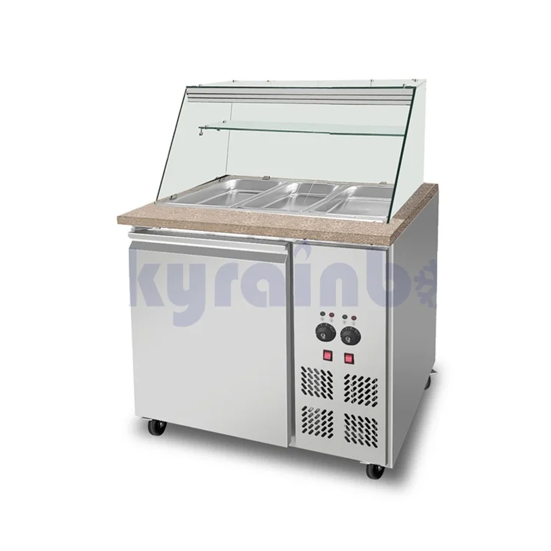 SNACK-Line Bain-Marie Theke 2xGN1/1, Granit rosa-grau, 88x82x85,5 Glasaufbau Klarglas, Zwischenablage Skyrainbow THBM88GR_FG