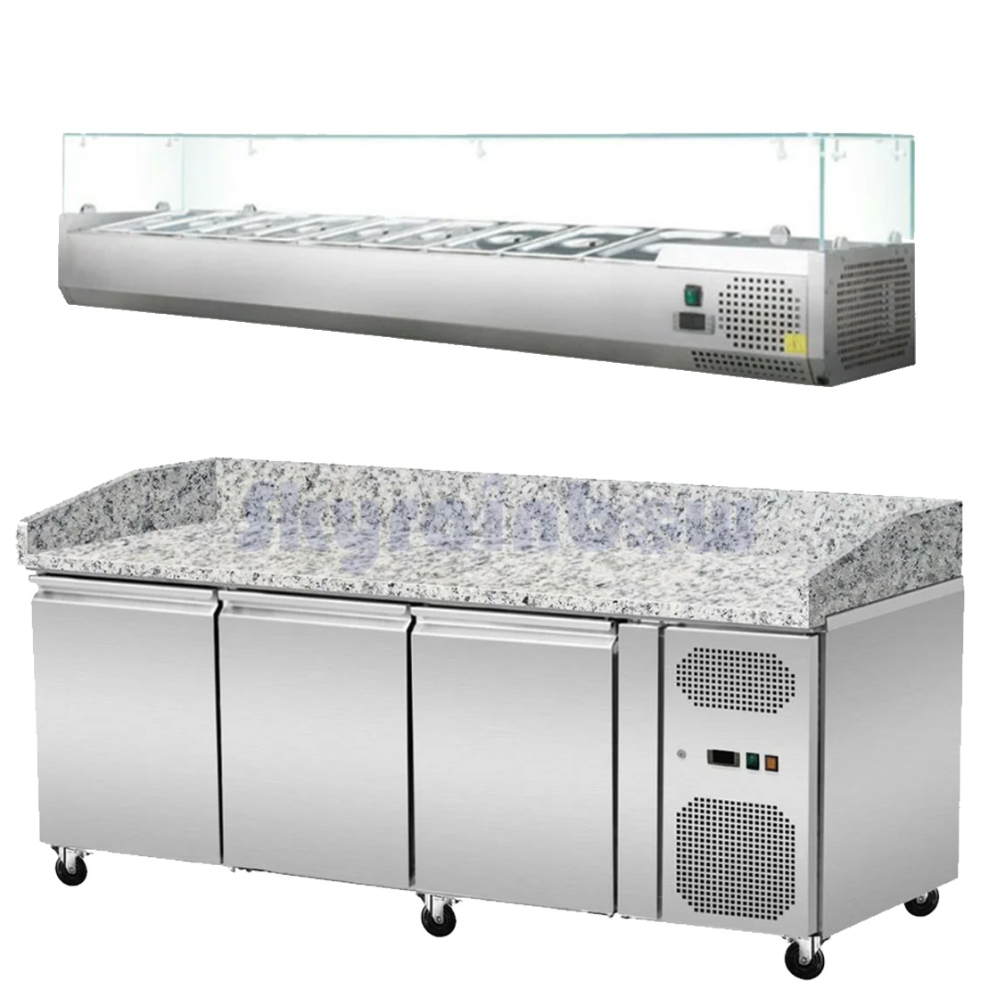 Pizza Kühltisch, Granit rosa-grau, 3 Türen, 203 x 80 Kühlaufsatz GN1/3 mit Glas Skyrainbow THPZ3600_THV2000/380