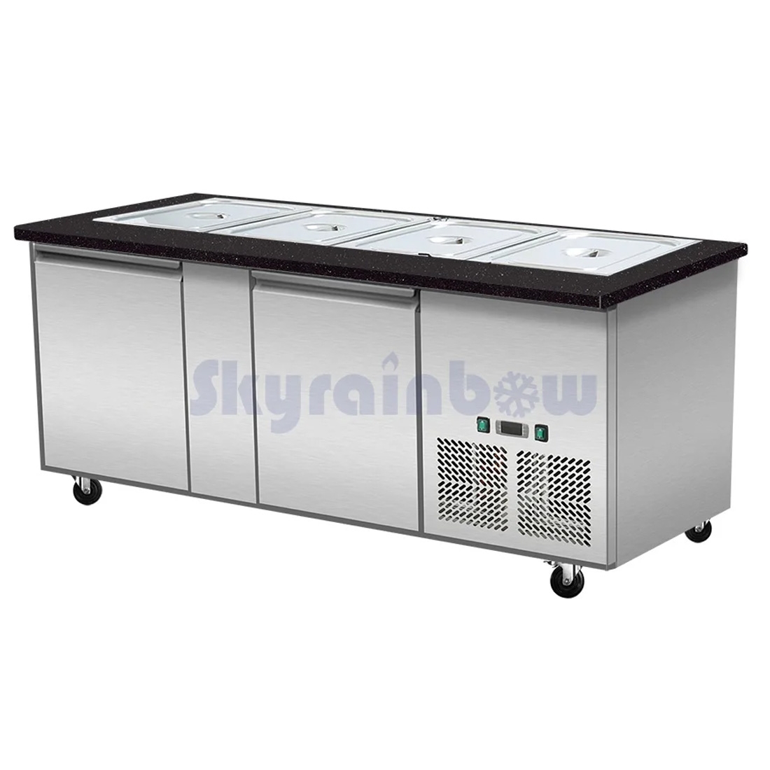 SNACK-Line, Kalte Theke, 4x GN1/1, Granit Star Galaxy schwarz, 153x82x85.5 Klarglas, Zwischenablage Skyrainbow THSAI158GS_FG