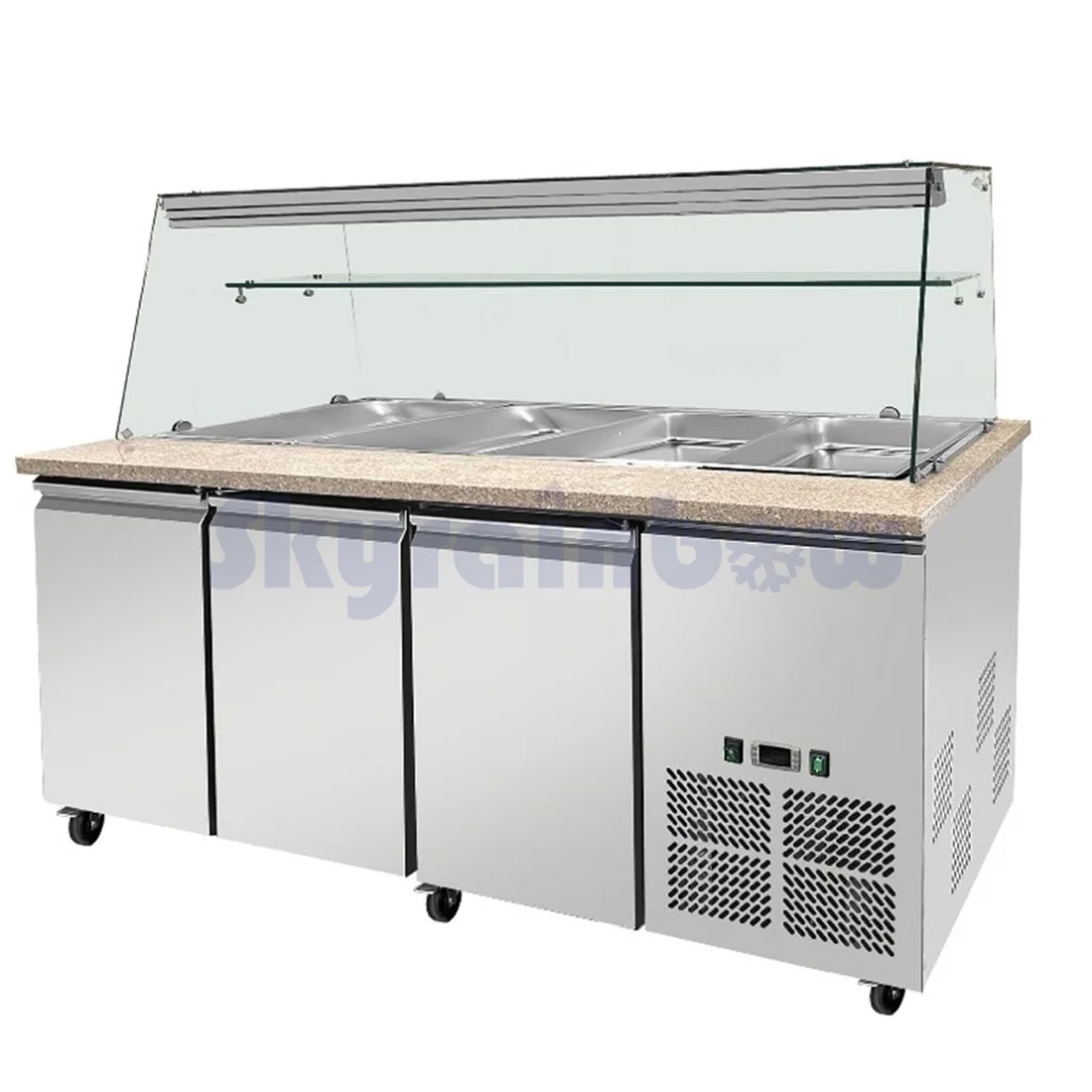 SNACK-Line, Kalte Theke, 5x GN1/1, Granit rosa-grau, 188x82x85.5 Klarglas, Zwischenablage Skyrainbow THSAI188GR_FG
