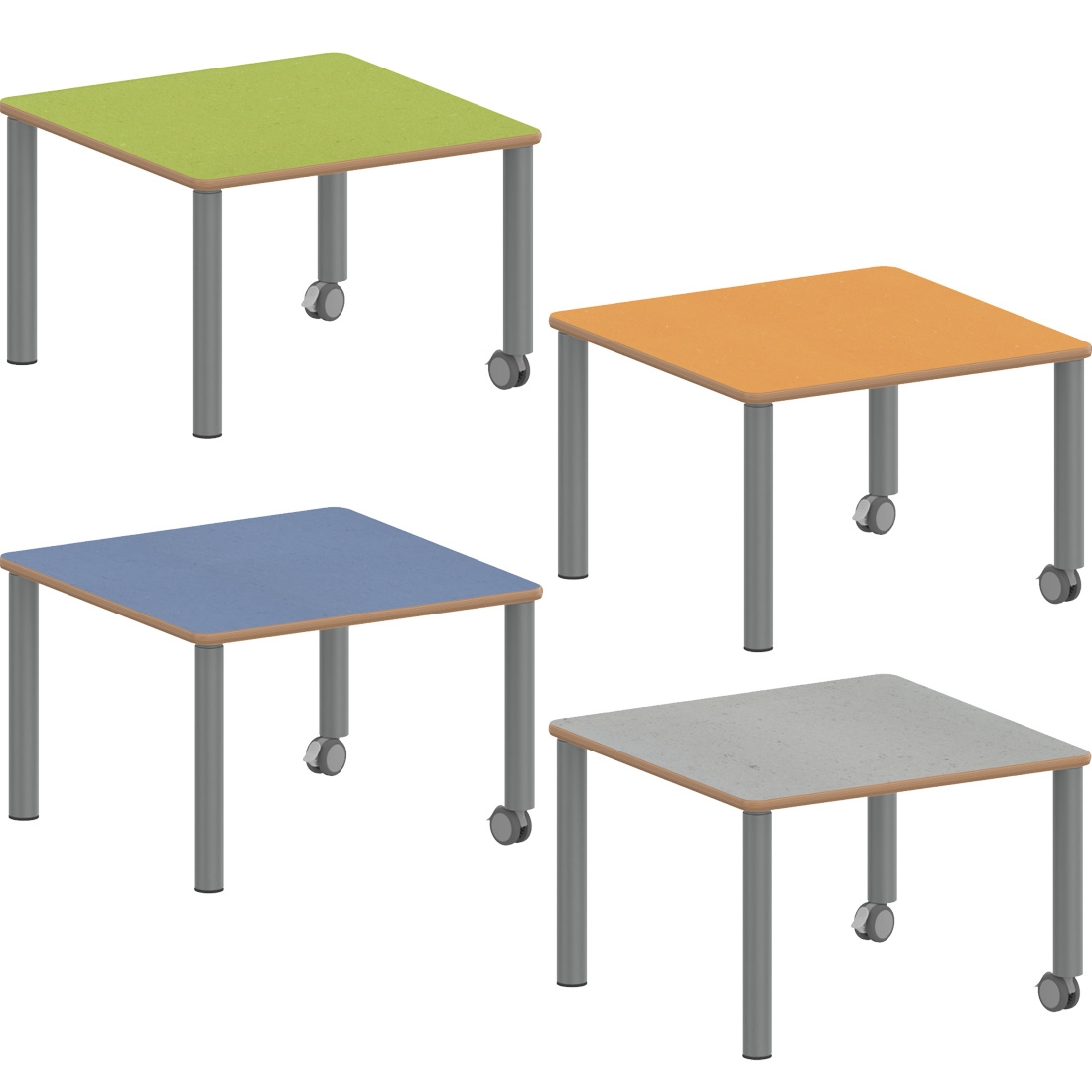 Quadrattisch ZALOTTI 8 Höhen + Linoleumbelag 4 Farben Stahlbeine 2 Rollen