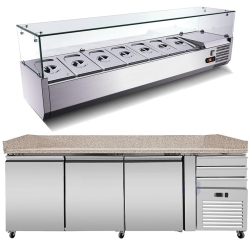 Pizza Kühltisch PRO, Granit rosa-grau, 3 Türen + 3 Schubladen, 213 x 80 Kühlaufsatz GN1/3 mit Glas Skyrainbow THPZ3600+3D_THV2130/380