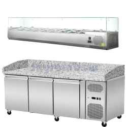 Pizza Kühltisch, Granit rosa-grau, 3 Türen, 203 x 80 Kühlaufsatz GN1/3 mit Glas Skyrainbow THPZ3600_THV2000/380